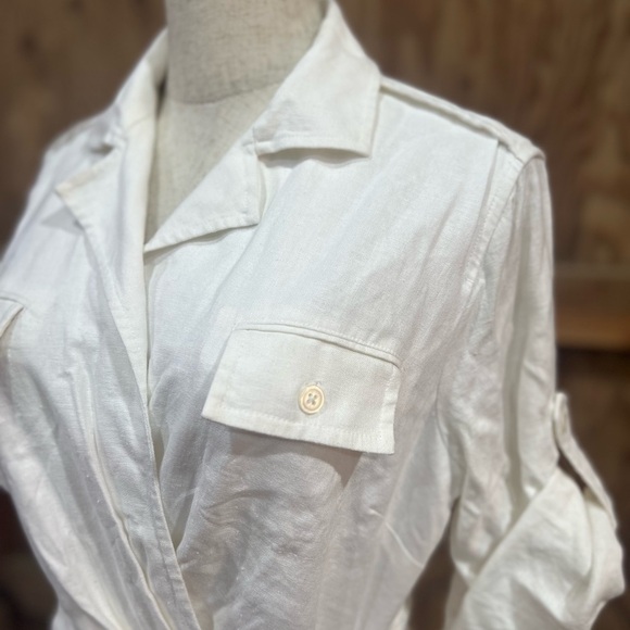 JONES WEAR DRESS Linen Blend Lined Short Sleeve Midi Dress With Belt Size 12P - Picture 5 of 16